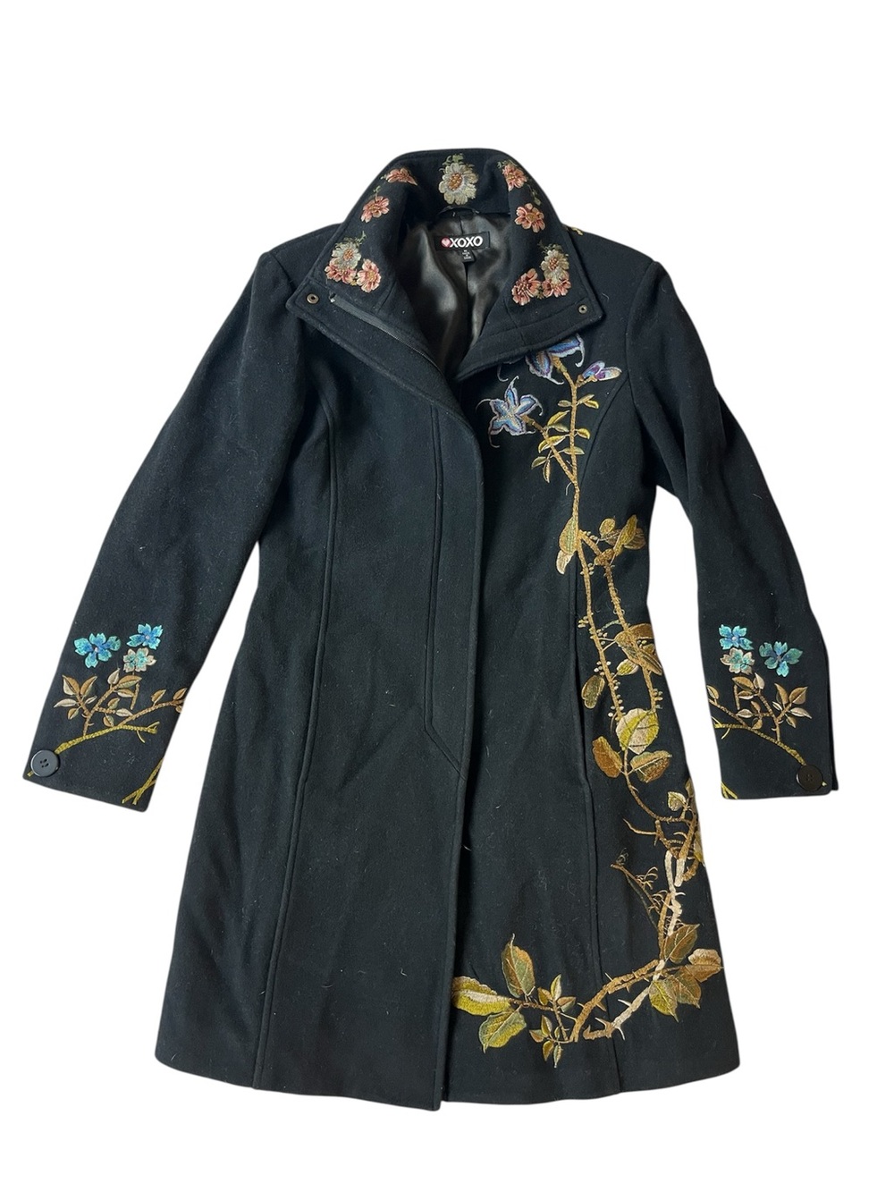 VINTAGE 90S XOXO WOOL EMBROIDERED FLORAL BLACK COAT MEDIUM WOMENS